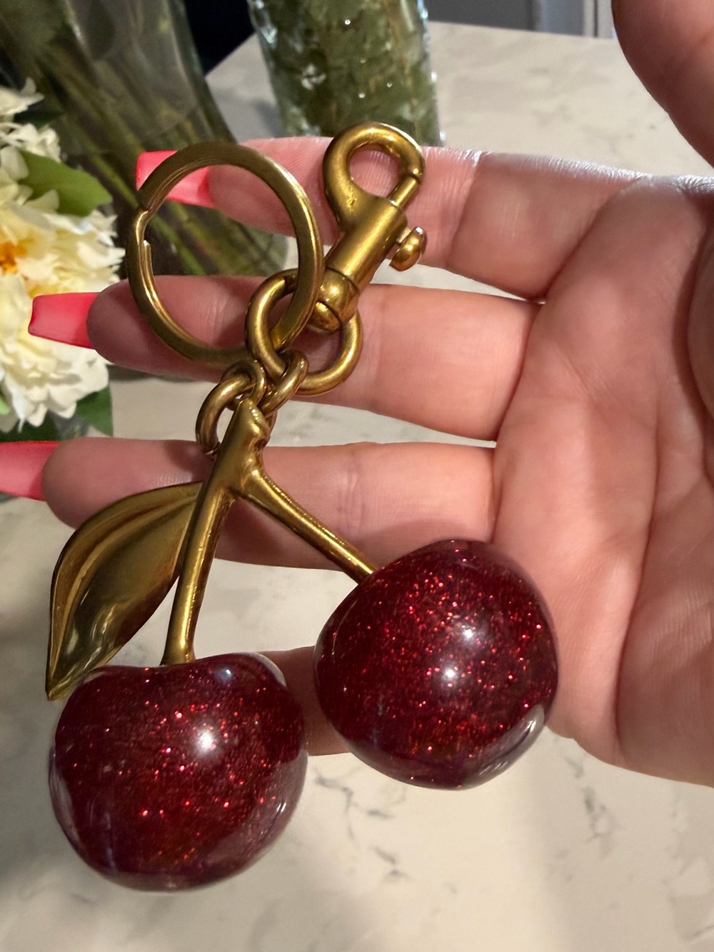 Sparkling Red Cherry Keychain Bag Charm - Gold Hardware